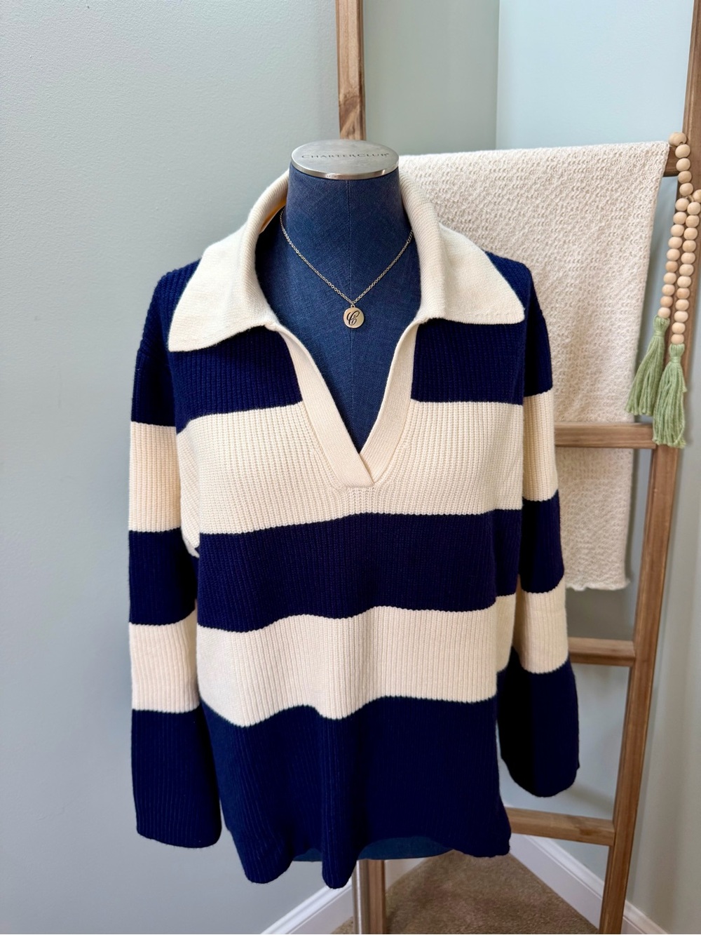A New Day Blue White Striped Ribbed Knit
Polo Pullover Sweater Size XL NWT